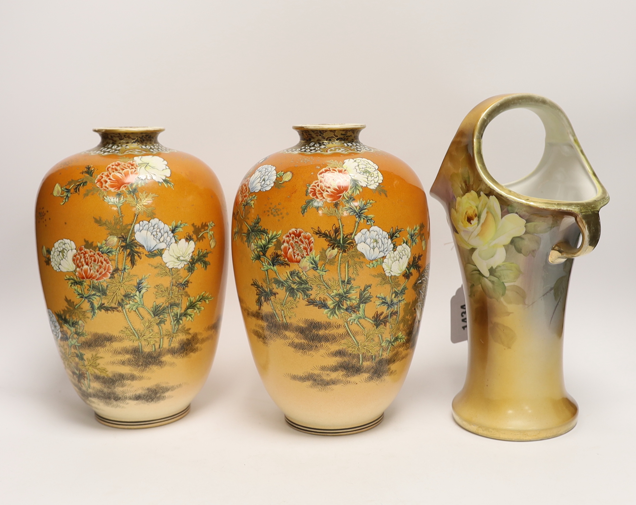 A pair of Japanese Satsuma vases, by Taizan and four others including a lidded jar and a basket vase stamped Noritake, tallest 25cm